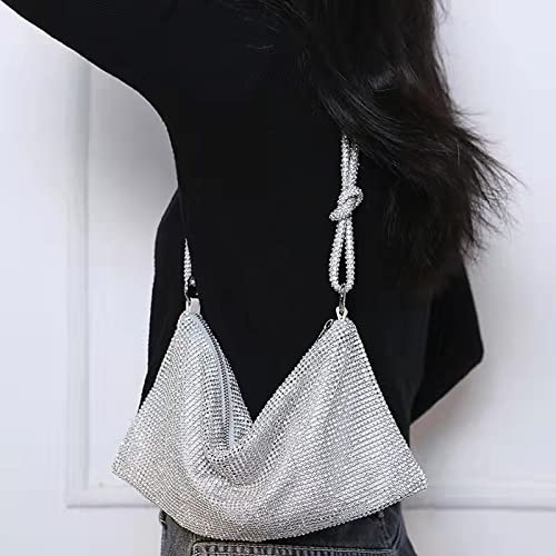 Women Dinner Party Rhinestone Slouchy Shoulder bag Evening Handbag Luxury Clutch Crystal Diamonds Bling Wedding Purse (Silver Rhinestone)