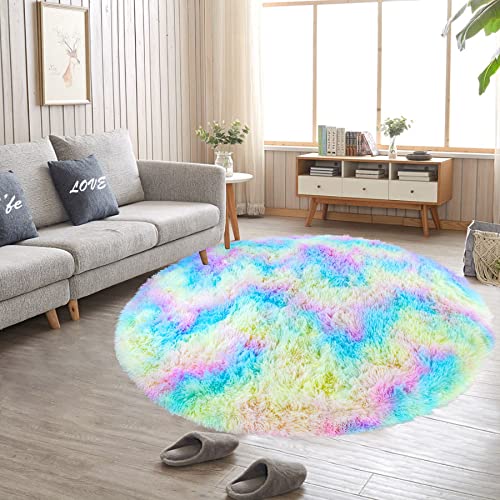 TIMDAM Fuzzy Round Rug for Bedroom, 4 Feet Round Area Rug, Fluffy Circle Carpet for Bedroom, Soft Cute Rainbow Rug for Kids Room, Furry Rugs for Girls Bedroom, Plush Shaggy Rug Home Decor