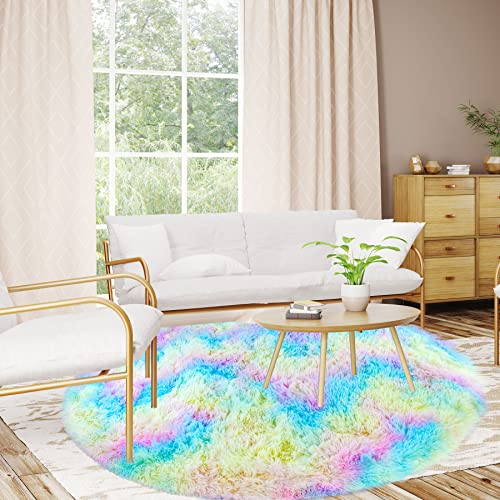 TIMDAM Fuzzy Round Rug for Bedroom, 4 Feet Round Area Rug, Fluffy Circle Carpet for Bedroom, Soft Cute Rainbow Rug for Kids Room, Furry Rugs for Girls Bedroom, Plush Shaggy Rug Home Decor