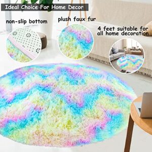 TIMDAM Fuzzy Round Rug for Bedroom, 4 Feet Round Area Rug, Fluffy Circle Carpet for Bedroom, Soft Cute Rainbow Rug for Kids Room, Furry Rugs for Girls Bedroom, Plush Shaggy Rug Home Decor
