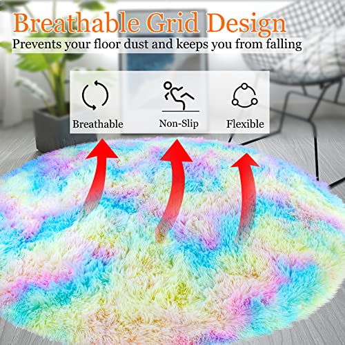 TIMDAM Fuzzy Round Rug for Bedroom, 4 Feet Round Area Rug, Fluffy Circle Carpet for Bedroom, Soft Cute Rainbow Rug for Kids Room, Furry Rugs for Girls Bedroom, Plush Shaggy Rug Home Decor