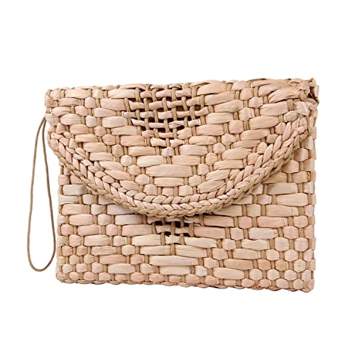 KUANG! Womens Straw Clutch Purse Handbag Shoulder Clutch Envelope Wallet Beach Straw Purse for Ladies (Khaki)