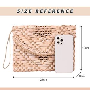 KUANG! Womens Straw Clutch Purse Handbag Shoulder Clutch Envelope Wallet Beach Straw Purse for Ladies (Khaki)