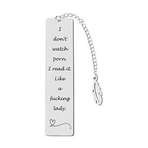 metal bookmark gift,engraved ‘i don’t watch porn.i read it like a fucking lady’ stainless steel leaf pendant book mark with exquisite gift box for women men friends teacher classmate book lovers