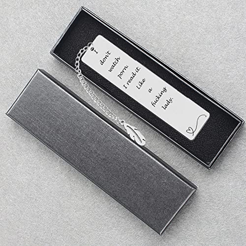 Metal Bookmark Gift,Engraved 'I Don't Watch Porn.I Read it Like a Fucking Lady' Stainless Steel Leaf Pendant Book Mark with Exquisite Gift Box for Women Men Friends Teacher Classmate Book Lovers