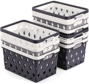 yesland 9 pack plastic storage basket bins, 8.5 x 5.8 x 4.8 inch organizing book bins baskets with handle, small stackable plastic basket for classroom or home organizing – blue, white, grey