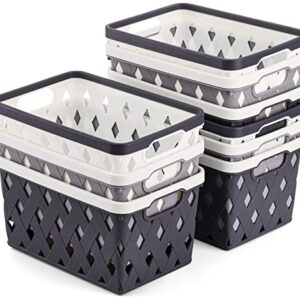 Yesland 9 Pack Plastic Storage Basket Bins, 8.5 x 5.8 x 4.8 Inch Organizing Book Bins Baskets with Handle, Small Stackable Plastic Basket for Classroom or Home Organizing - Blue, White, Grey