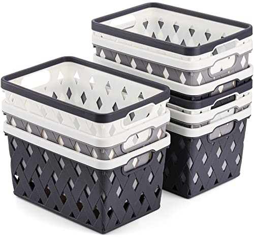 Yesland 9 Pack Plastic Storage Basket Bins, 8.5 x 5.8 x 4.8 Inch Organizing Book Bins Baskets with Handle, Small Stackable Plastic Basket for Classroom or Home Organizing - Blue, White, Grey