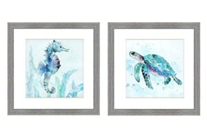 seahorse & sea turtle 12″x12″ coastal nautical wallart picture frame print painting | set of 2 | wall art ocean beach theme | plexiglass | matted cavas art print | bathroom living room decoration