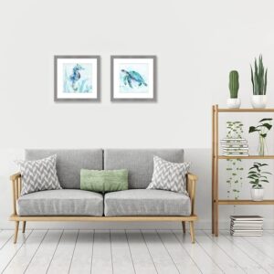 Seahorse & Sea Turtle 12"x12" Coastal Nautical Wallart Picture Frame Print Painting | Set of 2 | Wall Art Ocean Beach Theme | Plexiglass | Matted Cavas Art Print | Bathroom Living Room Decoration