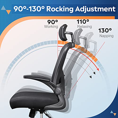 DEVAISE Mesh Computer Office Chair, High Back Ergonomic Desk Chair with Flip-up Armrests and Adjustable Headrest, Backrest and Lumbar Support, Black