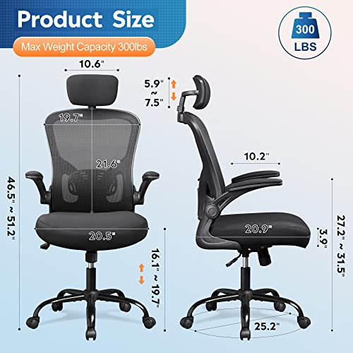 DEVAISE Mesh Computer Office Chair, High Back Ergonomic Desk Chair with Flip-up Armrests and Adjustable Headrest, Backrest and Lumbar Support, Black