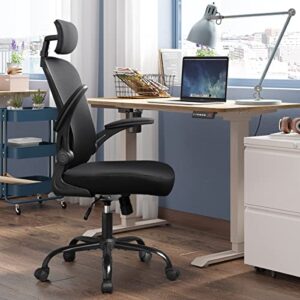 DEVAISE Mesh Computer Office Chair, High Back Ergonomic Desk Chair with Flip-up Armrests and Adjustable Headrest, Backrest and Lumbar Support, Black