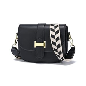 suanni wide strap crossbody bags,small leather flap shoulder bag with adjustable strap,designer handbag purse for women(black)