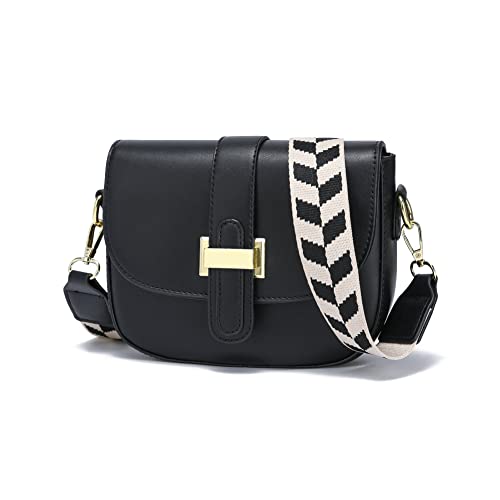 SUANNI Wide Strap Crossbody Bags,Small Leather Flap Shoulder Bag with Adjustable Strap,Designer Handbag Purse for Women(Black)