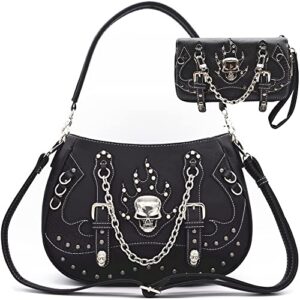 punk gothic rock metallic skull chain purse skeleton leather shoulder bag crossbody bag satchel women handbag wallet set (black set)