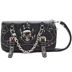 Punk Gothic Rock Metallic Skull Chain Purse Skeleton Leather Shoulder Bag Crossbody Bag Satchel Women Handbag Wallet Set (Black Set)