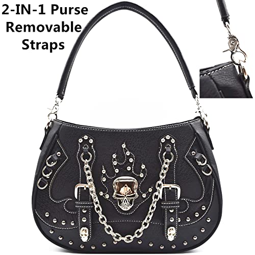 Punk Gothic Rock Metallic Skull Chain Purse Skeleton Leather Shoulder Bag Crossbody Bag Satchel Women Handbag Wallet Set (Black Set)