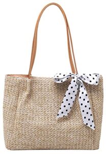 obosoyo straw bags for women beach bags bowknot shoulder bags straw purse summer woven bags (beige white)