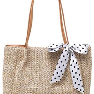 Obosoyo Straw Bags for Women Beach Bags Bowknot Shoulder Bags Straw Purse Summer Woven Bags (Beige White)