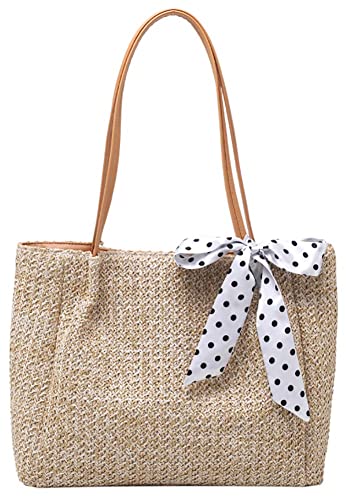 Obosoyo Straw Bags for Women Beach Bags Bowknot Shoulder Bags Straw Purse Summer Woven Bags (Beige White)