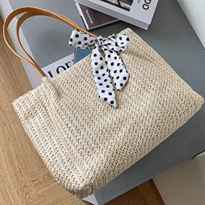 Obosoyo Straw Bags for Women Beach Bags Bowknot Shoulder Bags Straw Purse Summer Woven Bags (Beige White)