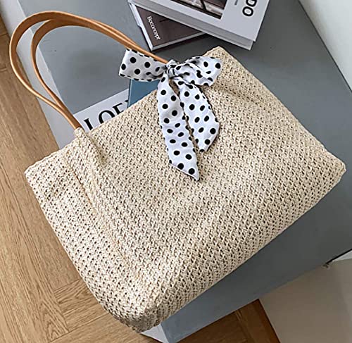 Obosoyo Straw Bags for Women Beach Bags Bowknot Shoulder Bags Straw Purse Summer Woven Bags (Beige White)