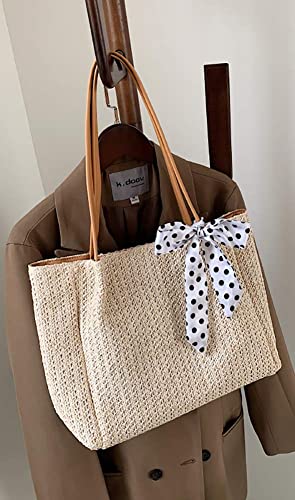 Obosoyo Straw Bags for Women Beach Bags Bowknot Shoulder Bags Straw Purse Summer Woven Bags (Beige White)