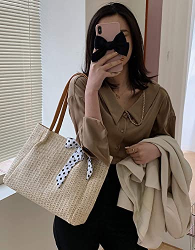 Obosoyo Straw Bags for Women Beach Bags Bowknot Shoulder Bags Straw Purse Summer Woven Bags (Beige White)