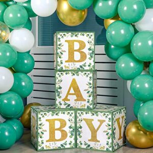 4 Pieces Sage Green Baby Boxes Decoration Baby Shower Backdrop Blocks Gender Reveal Photo Props Greenery Eucalyptus Leaves Gold White Baby Shower Favors Decorations Baby Boxes with Letters for Decor