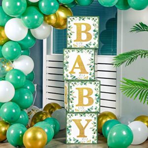 4 Pieces Sage Green Baby Boxes Decoration Baby Shower Backdrop Blocks Gender Reveal Photo Props Greenery Eucalyptus Leaves Gold White Baby Shower Favors Decorations Baby Boxes with Letters for Decor