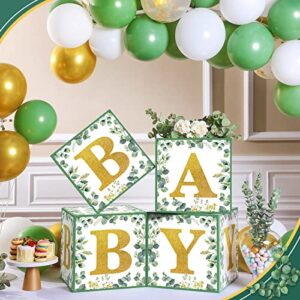 4 Pieces Sage Green Baby Boxes Decoration Baby Shower Backdrop Blocks Gender Reveal Photo Props Greenery Eucalyptus Leaves Gold White Baby Shower Favors Decorations Baby Boxes with Letters for Decor