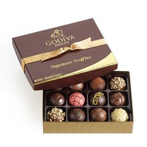 godiva chocolatier assorted chocolate truffles gift box, gold ribbon, 12 pc.