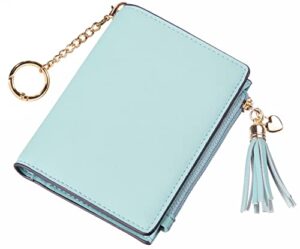 gostwo womens small bifold slim mini wallet purse with tassel and zippered coin pocket (blue with key chain)