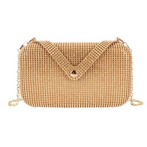 Reberomantic Women Shiny Metal Handbag Chain Vintage Evening Clutch Purse (T-button gold)