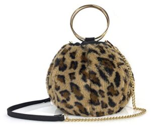 fur round top handle bag women purse ring handle clutch chain shoulder handbag (leopard print)