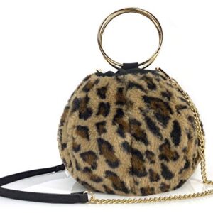 Fur Round Top Handle Bag Women Purse Ring Handle Clutch Chain Shoulder Handbag (Leopard Print)