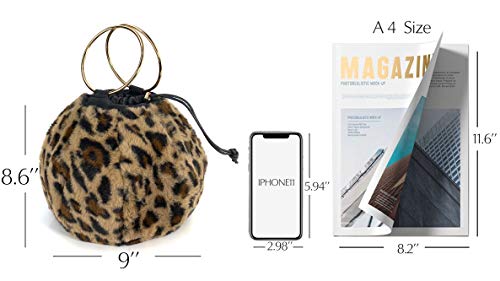 Fur Round Top Handle Bag Women Purse Ring Handle Clutch Chain Shoulder Handbag (Leopard Print)