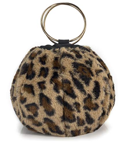 Fur Round Top Handle Bag Women Purse Ring Handle Clutch Chain Shoulder Handbag (Leopard Print)