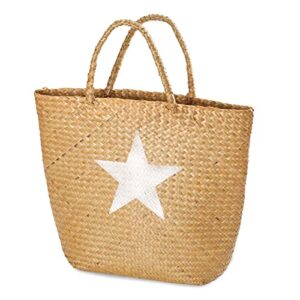 yifanzhibian woven seagrass handbag,fashion straw bag for women 2022, cute pattern large seagrass summer beach bag, natural and handmade shoulder straw bag for shopping and gardening