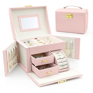 mueuss jewelry organizer box for girls women ideal gift, travel portable jewelry case with mirror and lock for necklace earrings rings bracelets(pink)