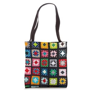 black colorful crocheted granny square pattern tote bag