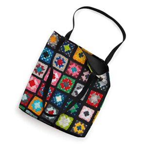 Black Colorful Crocheted Granny Square pattern Tote Bag