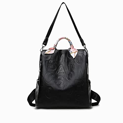 Banoo Fashion Backpack for Women with silk scarves, Leather design convertible backpack tote and anti-theft shoulder bag, Black