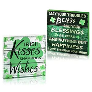 2 pieces st. patrick’s day wood decors wood box signs irish rustic tabletop decor wood block plaque may your blessings irish kisses shamrock wishes for st. patrick home table decorations, 8 x 8 inch