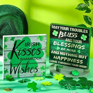 2 Pieces St. Patrick's Day Wood Decors Wood Box Signs Irish Rustic Tabletop Decor Wood Block Plaque May Your Blessings Irish Kisses Shamrock Wishes for St. Patrick Home Table Decorations, 8 x 8 Inch