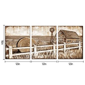 SiMiWOW 3 Panel Farmhouse Canvas Wall Art Farmhouse Painting Old Barn Pictures Living Room Bedroom Home Decor (12"x16"x3 Panels)