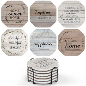 umirro rustic farmhouse coasters for coffee table decor, ceramic coaster set with holder for wooden table, cute cup coasters for drinks absorbent, housewarming gifts for new house/home, 4″, 6 pack