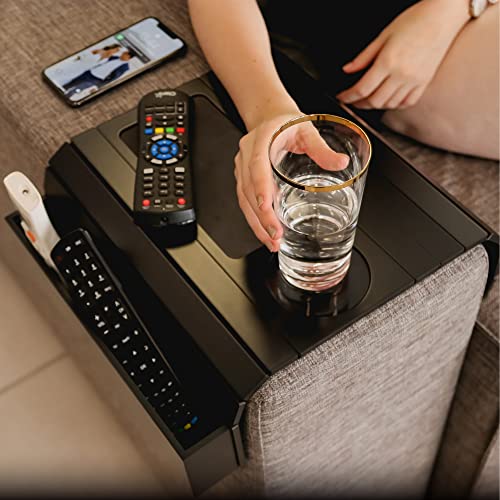 meistar Sofa Tray Table with EVA Base and Couch Cup Holder. Remote Control and Cellphone Organizer Holder, Arm Rest Organizer, Arm Rest Table with Pockets. Fits Over Square Chair arms. (Black)