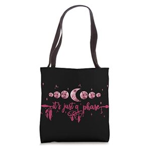 its just a phase boho triple moon goddess pink crescent moon tote bag